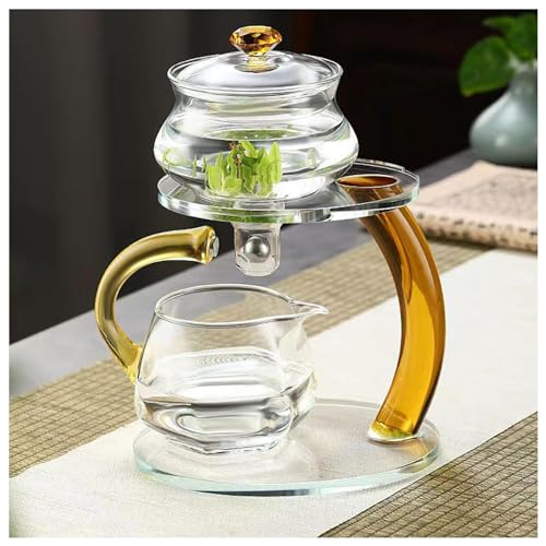 MYBAQ, Teiera magnetica con manico dorato, set da tè in vetro Lazy Kung Fu, set da tè semi automatico, set di teiera in vetro, resistente alle alte temperature, teiera magnetica Kung Fu, per tè sfuso,