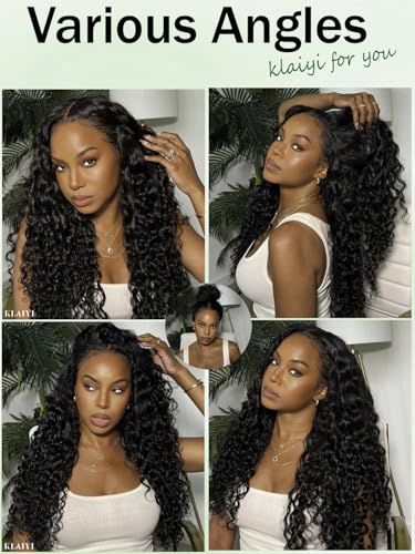 Image of KLAIYI Water Wave Curly Bye Bye Knots Glueless Wigs Human Hair 7x5 Precut Lace Front Drawstring Wig with Baby Hair Pre Plucked Bleached Pre Everything Ready to Wear and Go Wig Beginner Friendly 24Inch