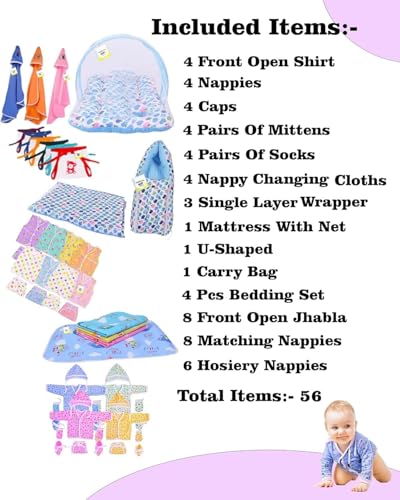 Image of Toddylon 56 in 1 New Born Baby Products All Baby Bedding Set | Baby Clothes | Gift Packs | Hospital Kit | Essentials Items | Combo | Infants Boys Girls | (0-6 Months)