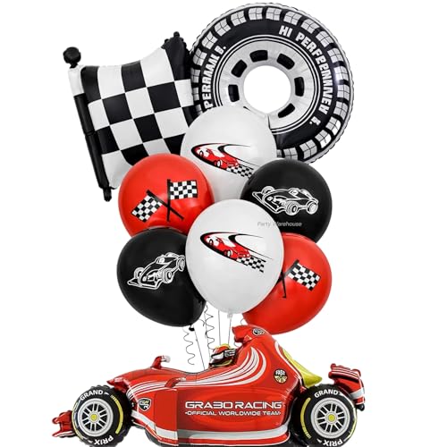 Image of Party Warehouse Racing Car Balloon Set for Birthday-5Pcs | Race Theme Foil Balloons for Race Lovers|Tyre & Checkered Flag Balloons for Kids /Adults Party Decorations (Car set)