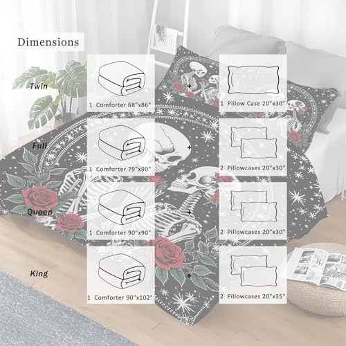 Image of Skull Roses Comforter Set Twin Size Gothic Bedding Set for Kids Adults Women, Skeleton Bones Vintage Flower Rose Quilt Bedroom Decor 1 Comforter 1 Pillowcase