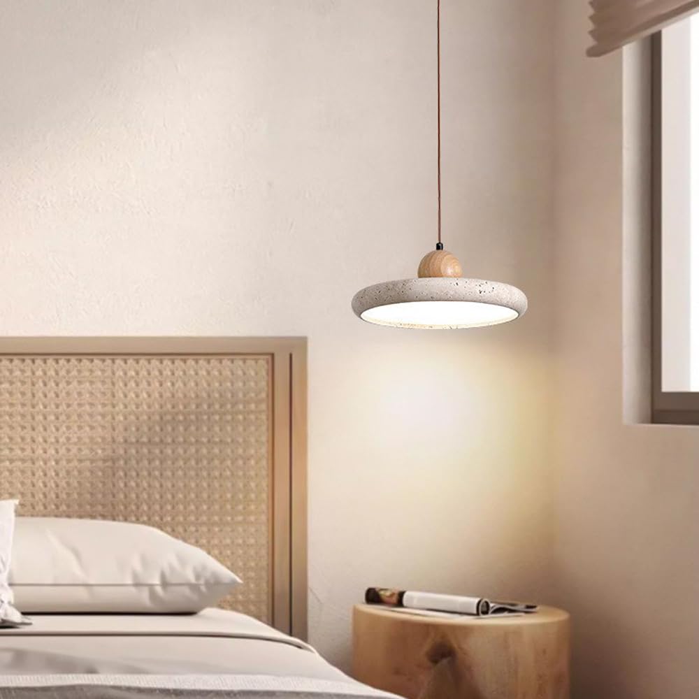 Wabi Sabi Lampa wisząca z kamienia naturalnego Okrągła dioda LED Żółta jaskinia Lampa wisząca z kamienia Nordic Żyrandol z drewna Wyspa kuchenna, 28 W Japoński styl Żółty trawertyn Lampy wiszą
