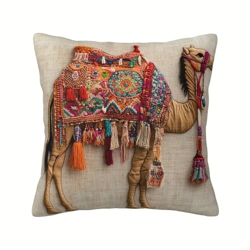 RYPFOEWBN Bohemian Embroidered Camel Throw Pillow Cover, 17.7x17.7 Inch, Decorative Cushion Case with Colorful Tassels