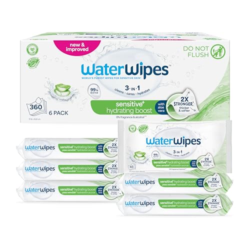 Image of WaterWipes Sensitive+ Hydrating Boost Wipes, 3-In-1 Cleans, Cares, Hydrates, 99% Water with Aloe Vera, Unscented & Hypoallergenic Baby Wipes, 360 Count (6 Packs)
