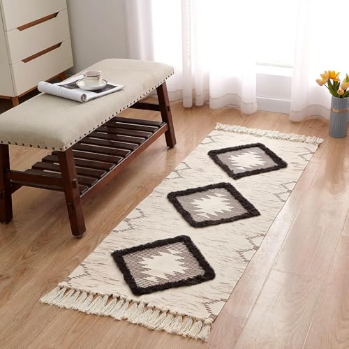 Image of Hand Woven 100% Natural Cotton Export Quality Designer Rug,Carpet, Bed Side Runner for Bedroom,Living Room, Size-2x5 feet or 60 cms x 152 cms (Brown Tuft)