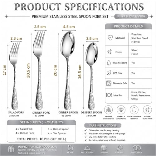Image of Classic Silver 16 Pcs Stainless Steel Cutlery Set for Dining Table, Dishwasher Safe Glossy Flatware (Perfect Spoon Fork Set)