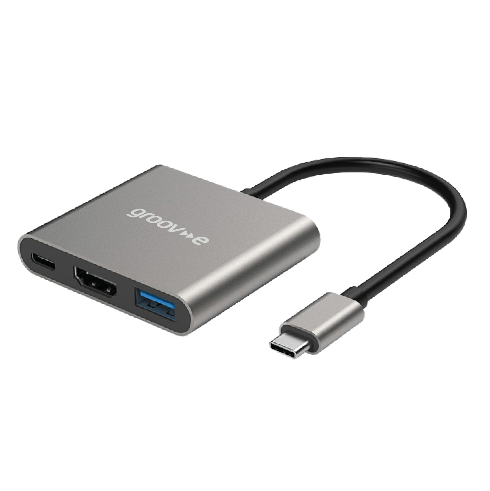 Groov-e 3-Port USB-C Hub - Compact Multi-Port Adaptor with HDMI and USB-A for Laptops and Tablets - Silver