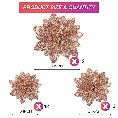 WILLBOND 36 Pieces Christmas Glitter Poinsettia Flowers Faux Flowers Wedding Glitter Christmas Tree New Year Ornaments (Rose Gold)