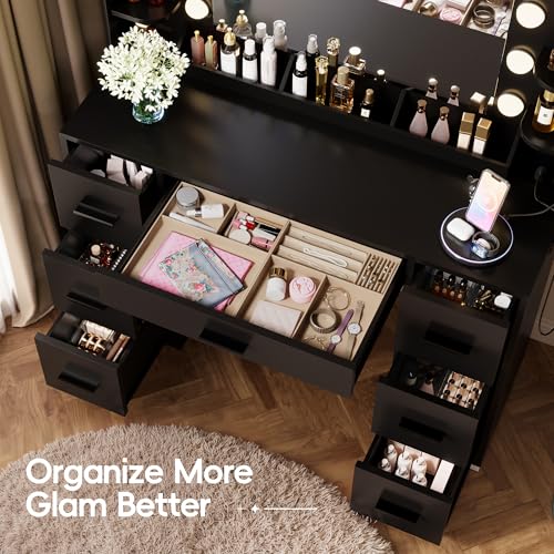 Image of Furmax Vanity Desk with Hollywood Style Mirror with LED Lights, Makeup Table Vanity with 2 AC Outlets and1 USB&1 Type-C Port, Adjustable Lighting, Modern Ample Storage Drawers Dressing Table (Black)