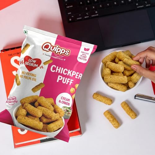 Image of Quipps Chickpea Puff - Cream & Onion (60g) | Plant Protein Healthy Snack | Low Sodium, Gluten Free, No Palm Oil | Non-Fried Crunchy Diet Snack | Heart Friendly Crunchy Puffs | Light & Crunchy Healthy Munchies for Office Snacks