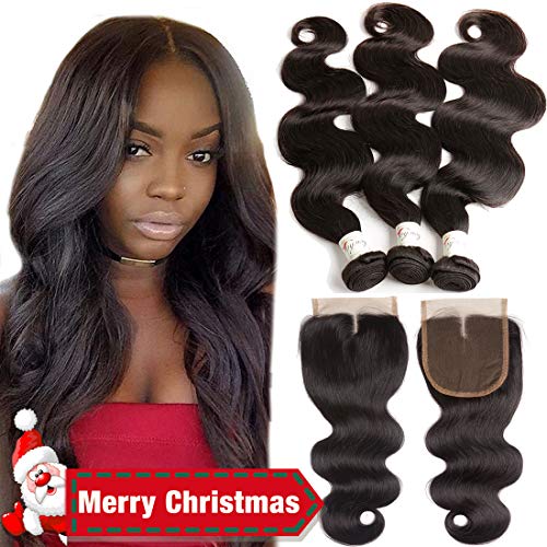 10A Brazilian Virgin Hair 3 Bundles With Closure Body Wave 16 18 20 With 14inch Middle Part Closure Unprocessed Human Hair Weave Bundles With Top Quality Lace Closure Brazilian Body Wave