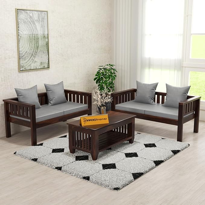 Image of Sheesham Wooden 4 Seater Sofa for Living Room | Rosewood 4 Seater Cushion Sofa Low Height | Solid Wood Sofa Set for Lounge (2+2,Walnut Finish)