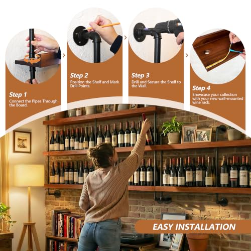 Image of Bar Shelves, Wall Mounted Wine Rack, Walnut Brown, 36 Inch | 2 Tier, Industrial, Solid pine shelves, black pipe brackets, 40 lbs per shelf, wine, liquor, bar decor, with LED light