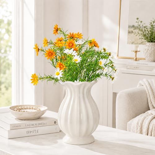 White Ceramic Vase, 7.8 Inch Farmhouse Flower Vase for Home Decor - Image 5