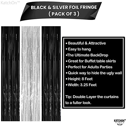 Image of KatchOn, 3Pcs Silver and Black Foil Fringe Curtain - 3.2x8 Feet, Silver & Black Backdrop Curtain for Black and Silver Party Decorations Graduation Photo Booth Backdrop for Graduation Decorations 2026