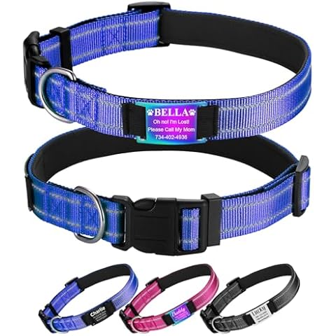 YEHANTI Personalized Dog Collars for Small Medium Large Dogs - Reflective Dog Collar with Name Tag Engraved, Durable & Adjustable Nylon Custom Dog Collar with Neoprene Padded (Blue, S/M/L) Cover