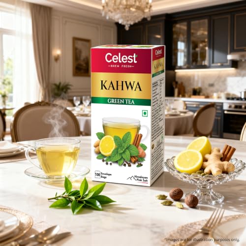 Image of Celest Green Tea Kahwa - 100 Tea Bags | Kahwa Green Tea | Helps in Detox | Contains Desi Herbs & Spices