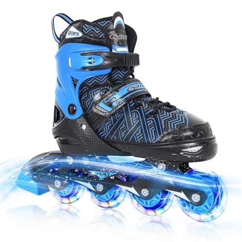 Nattork Adjustable Inline Skates for Youth Big Boys - with Light up Wheels - Blue Blade Roller Skating for Beginners Size 5 6 7 8 Ages 11 12 13 14 15