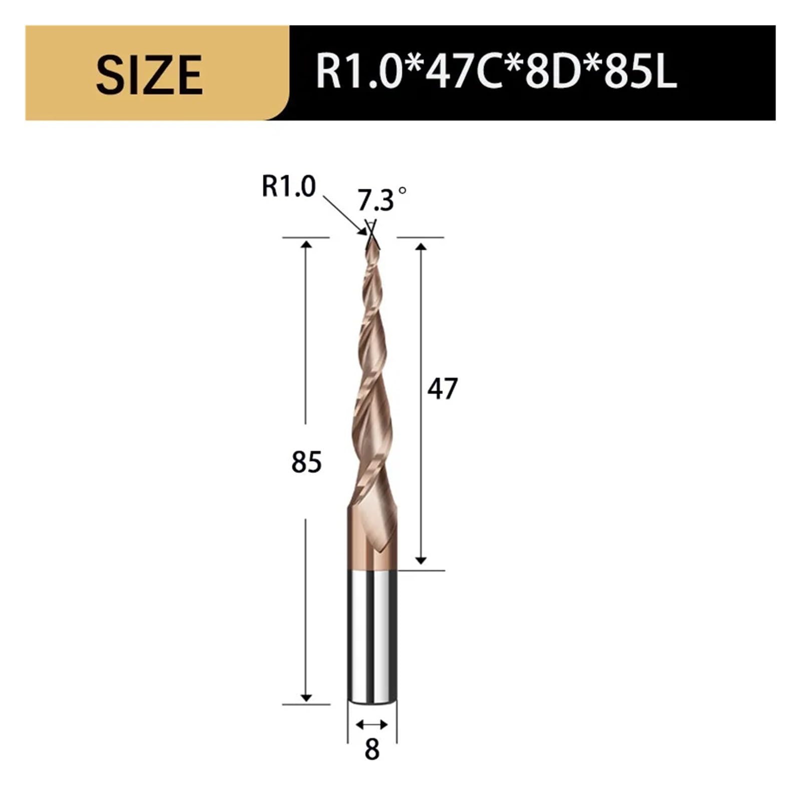 Frez z węglików spiekanych spiralny stożkowy 2-ostrzowy trzpień 4, 6, 8 mm trzpień, frez do obróbki drewna, wiertła do rzeźbienia 3D CNC, cięcie drewna(R1.0 x47C x8D x85L