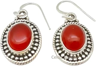 Real 925 Sterling Silver Dangle Drop Earrings For Women, Genuine Red Onyx Oval Gemstone Beautiful Handcrafted Designer Earrings For Her