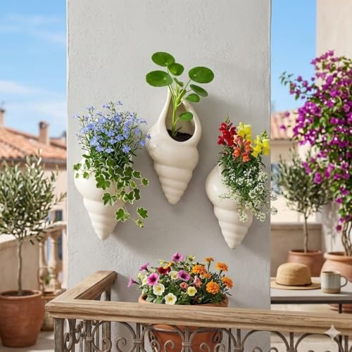 Image of Ceramic Wall Planter - Modern Scalloped Hanging Flower Pot for Indoor Plants - Minimalist Half-Moon Wall Vase for Succulents, Pilea, & Air Plants - Elegant White Floating Planter for Decor (3)