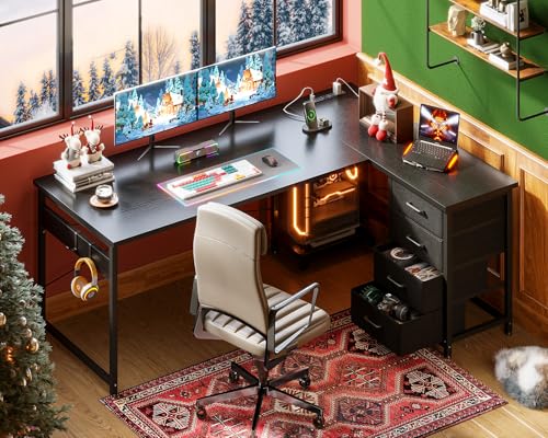 AODK L Shaped Gaming Desk with 4 Drawers, 61\" Reversible Home Office Desks with Power Outlets, L Shaped Computer Desk with USB Charging Port and Host Stand, Corner Desk, Easy to Assemble, Black
