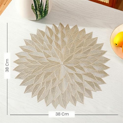 Image of Yellow Weaves 6 Pcs PVC Round Table Placemats, Dining Table Mat, Stain Resistant, Anti-Skid, Waterproof, Washable, Dining, Kitchen, Restaurant Table Set Easy to Clean, Durable (Star Golden)