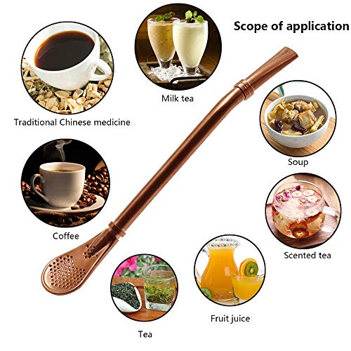 Yerba Mate Bombilla, Stainless Steel Drinking Straws with Filter Spoon, Reusable Strainer Stirrer for Coffee, Loose Leaf Tea, Soup, Beverage with Brush (1Pcs Rose Gold)