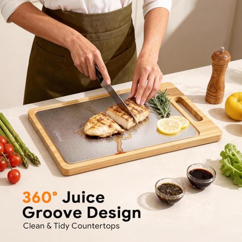 Tabla de Cortar Reversible de Bambú y Acero Inoxidable para Cocina, con Ranura para Jugos y Mango, Ideal para Carnes y Verduras miniatura 3