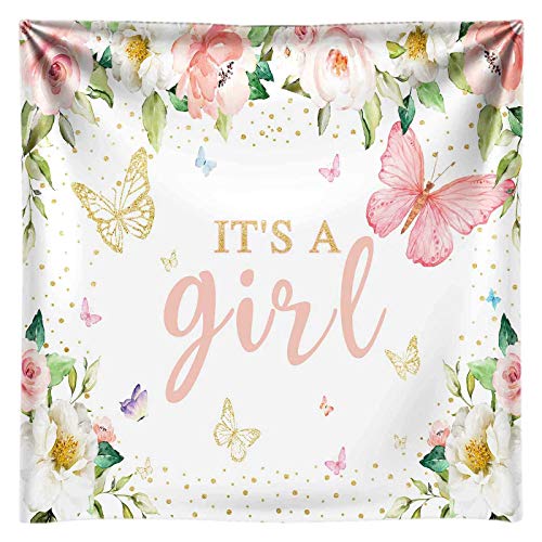 Funnytree Fabric 10x10FT It's a Girl Baby Shower Backdrop for Party Pink Floral Butterfly Photography Background Princess Girl Decoration Event Banner Studio Portrait Photobooth Prop Favors Pocket
