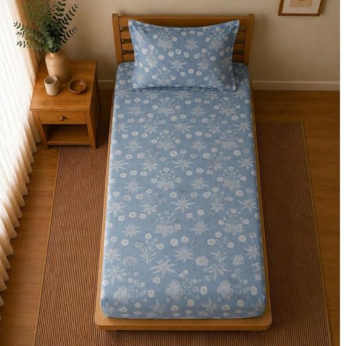 Image of Linen Home Cotton Percale Fitted Bedsheet Set SingleXL Size Floral Blue