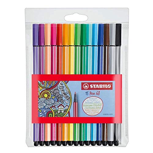 Caneta Hidrográfica Pen 68, Stabilo, Estojo com 15 Cores Sortidas, Stabilo