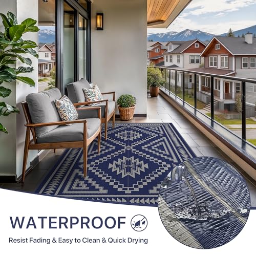 GENIMO Outdoor Rug for Patio Clearance - 8x10 ft Waterproof Plastic Camping Rugs, Reversible Outside Rv Mat Carpet for Porch, Deck, Picnic, Balcony, Beach, Backyard, Blue Grey by GENIMO - Image 2