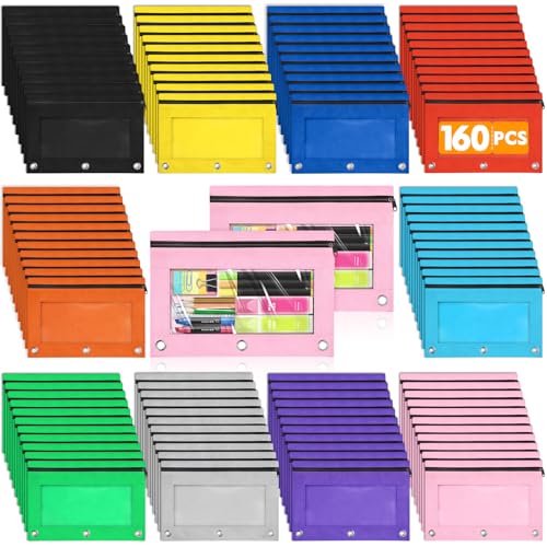 SpringFlower Pencil Pouch for 3 Ring Binder, Pencil Pouch For School and Office Supplies with Clear Window With Smooth Zipper Bulk, 160 Pack