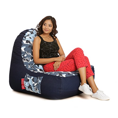 Image of Style Homez Urban Design Denim Canvas Floral Printed Chair Bean Bag XXL Size Filled with Beans Fillers