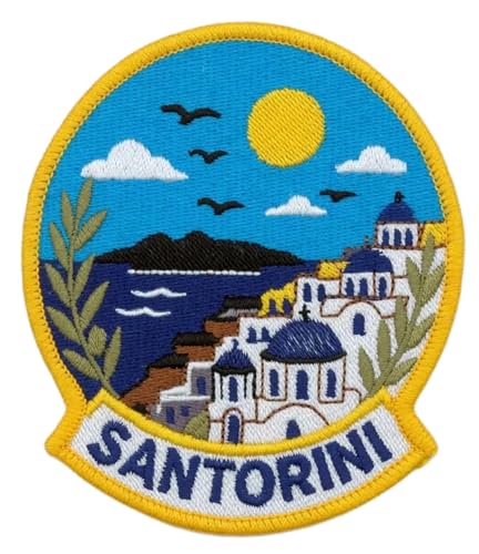 Santorini_Patch brodé - 8,9 cm - Thermocollant à coudre - Souvenir de voyage en Grèce - Ile grecque Oia - Emblème bleu