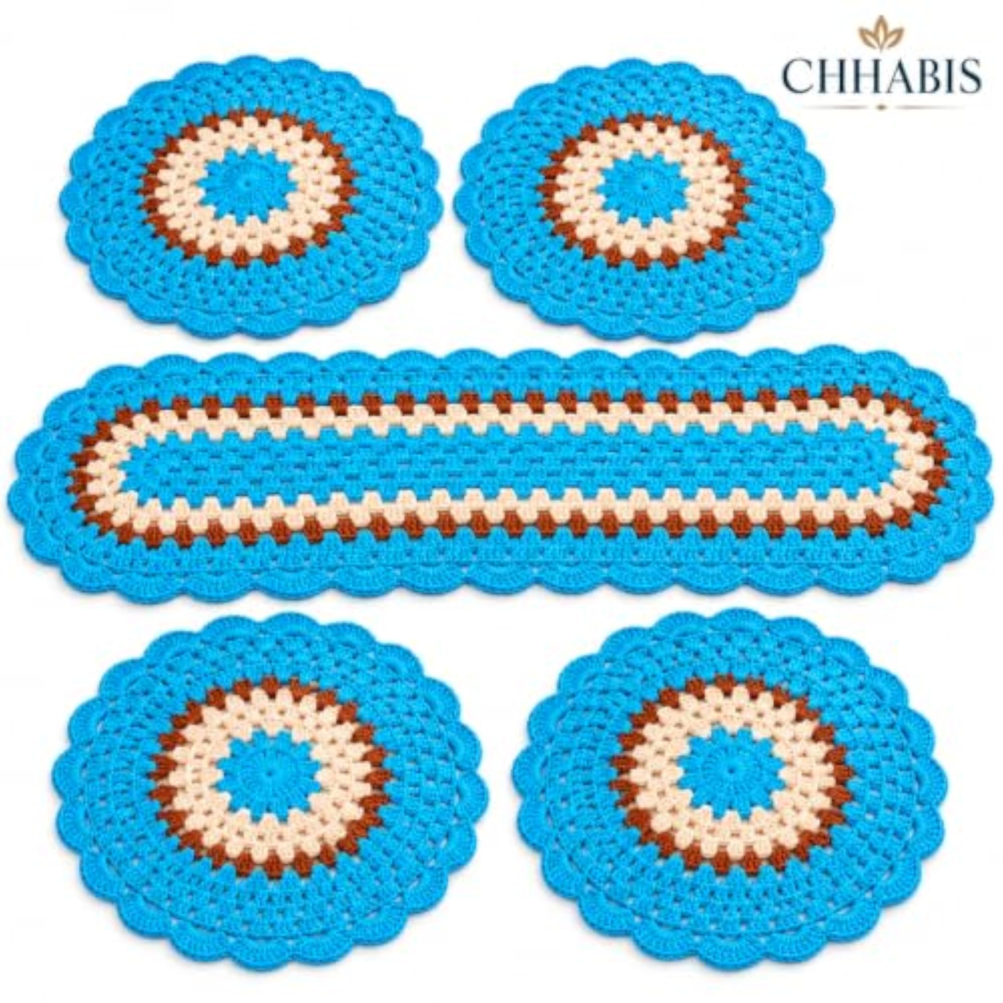 CHHABIS Crochet Dining Table Mat Set Blue Brown Cream