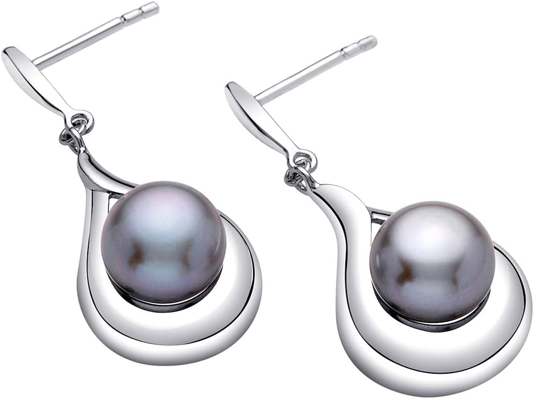 Peora Freshwater Cultured Grey Pearl Dangle Earrings in Sterling Silver, Open Raindrop Design, 8mm Round Button Shape, Friction Backs, Trendy, Classic, Modern Pearl Earrings, - Image 2