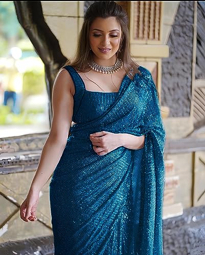 Image of Women's Bollywood Heavy Sequins Embroidery Work Georgette Saree with Unstitched Blouse