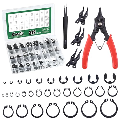 Keadic Lot de 312 bagues de sécurité externes M4-M28 avec clip en C et [1,5 mm à 10 mm] E-Clip Assortiment de circlips et pince à circlips avec pince (acier allié)