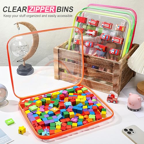 Image of Hoolerry 4 Pcs Hard Clear Zipper Case Makeup Bags Plastic Zipper Pouch Transparent Storage Box Containers for Cosmetics, Snacks, Building Blocks, Puzzles(Clear,13.8 x 11.8 x 2 in,Fluorescent)