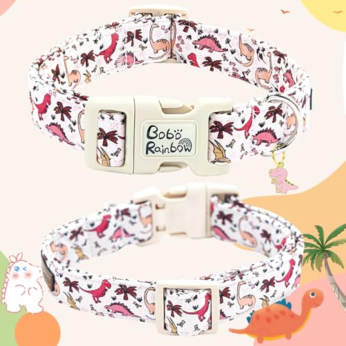 Image of Dog Collar-Pink Dinosaur Print Adjustable Pet Collars Cute Soft Comfortable Cotton Puppy Collar Durable Gift for Small Dogs