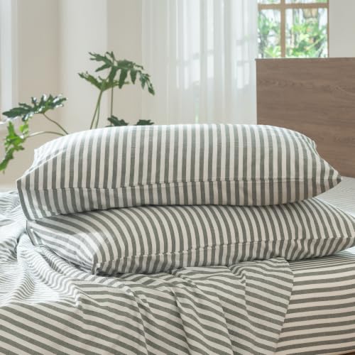 MOOMEE Striped Pillowcase Set of 2 100% Washed Cotton Linen-Like Standard