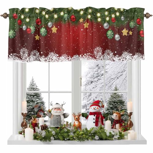 Christmas Curtain Valance for Windows Xmas Baubles Coniferous Rod Pocket Valance Window Treatments White Snowflake Pine Tree Twig Red Short Curtains for Kitchen Windows Bathroom Bedroom 42x12in