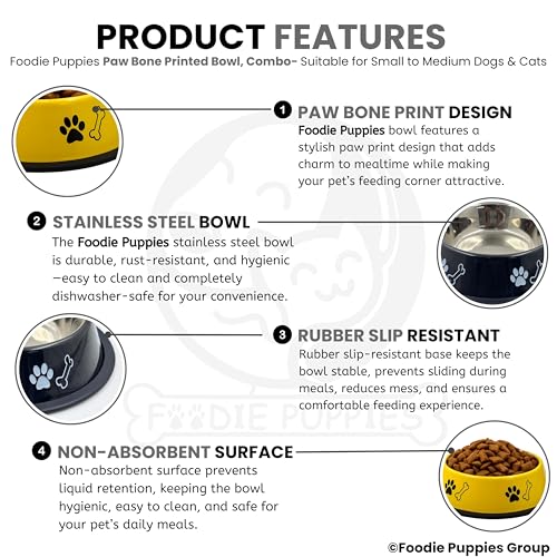 Image of Foodie Puppies Stainless Steel Dog Bowl Combo - (Medium, 700ml) Food and Water Feeding Gift Bowl | Suitable for Dogs, Cats and Other Pets I Paw Bone Print, Anti-Skid Rubber Base (Black + Yellow)