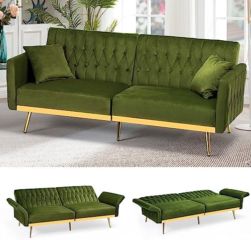 ACMEASE 70” Velvet Futon Sofa Bed w/Adjustable Armrests & 2 Pillows, Convertible Futon Couch, Modern Sleeper Bed for Living Room, Bedroom, Olive Green