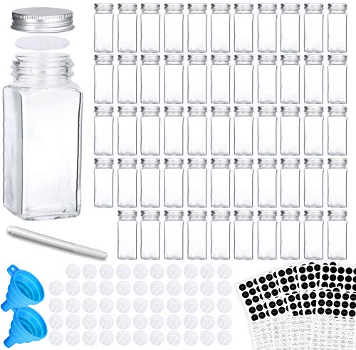 VERONES 54 Glass Spice Jars with 662 Spice Labels, Chalk Marker and Funnel Complete Set. 54 Square Glass Jars 4 OZ, Airtight Cap, Pour/sift Shaker Lid