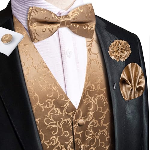 Hi-Tie Silk Mens Suit Vest Tie and Bowtie Lapel Pin Gold Tie Clip Paisley Floral Waistcoat 8PCS Set Tuxedo Wedding Party2
