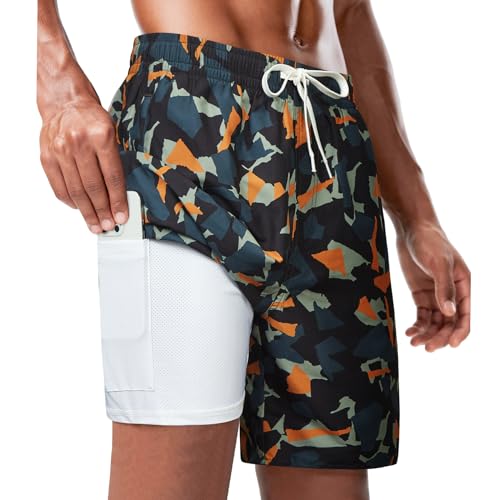 HOTSUIT Mens Swim Trunks with Compression Liner Quick Dry Bathing Suits 7 Inch Swimming 2 in 1 Shorts with Zip Pockets