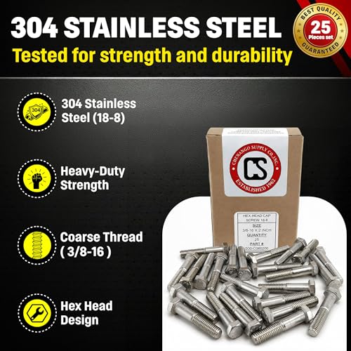Image of Chenango Supply 3 /8-16 x 2 Stainless Steel Hex Head Bolts - 304 Stainless, USS Coarse Thread, 100,000-125,000 PSI Tensile Strength, Corrosion-Resistant Hardware Bolts, (25 Pieces, 3 /8-16 x 2)